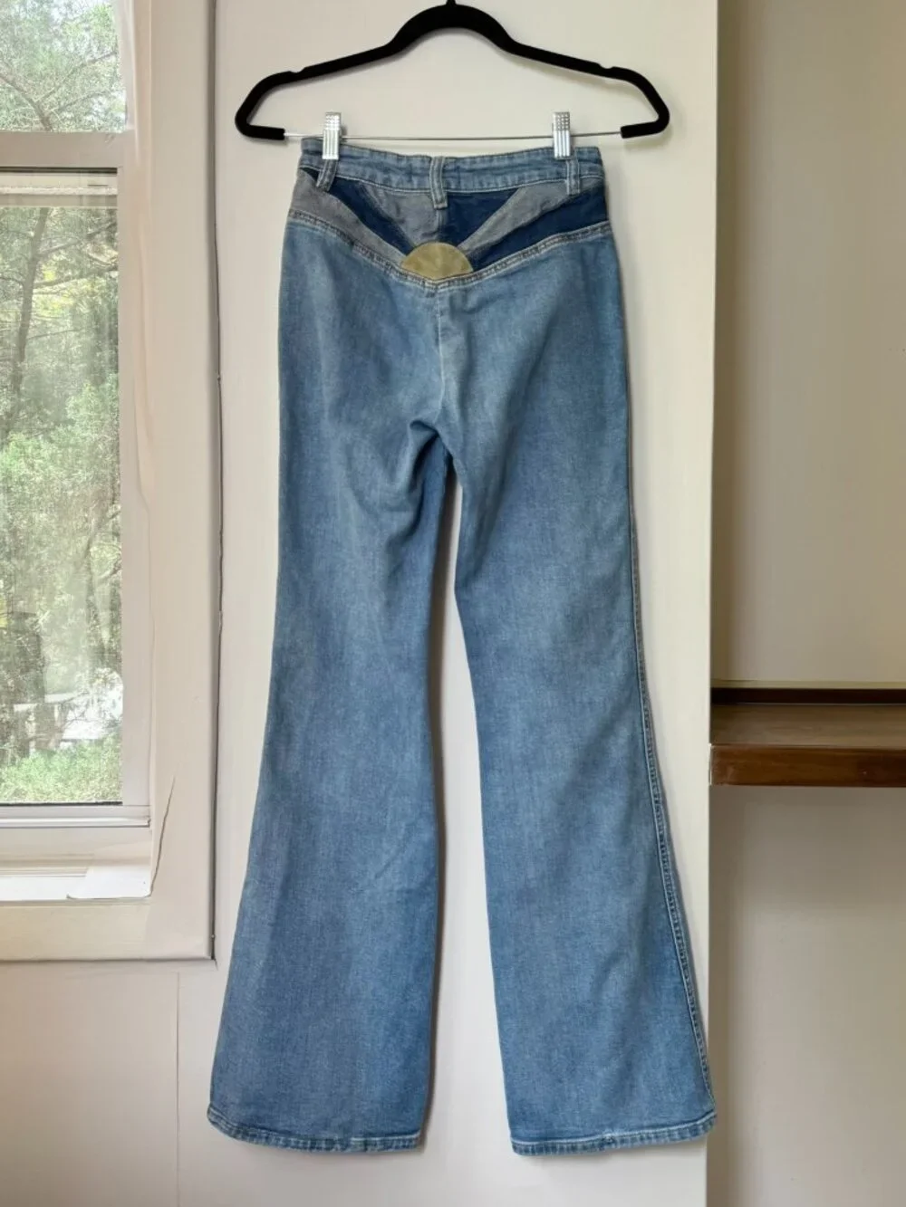 Free People Seasons In The Sun Flare Jeans Suede Patch Blue 26